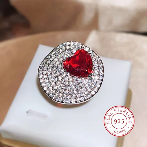 Блестящее красное кольцо с цирконием в форме сердца, открытые женские украшения, универсальные темпераментные банкетные украшения, серебро S925
