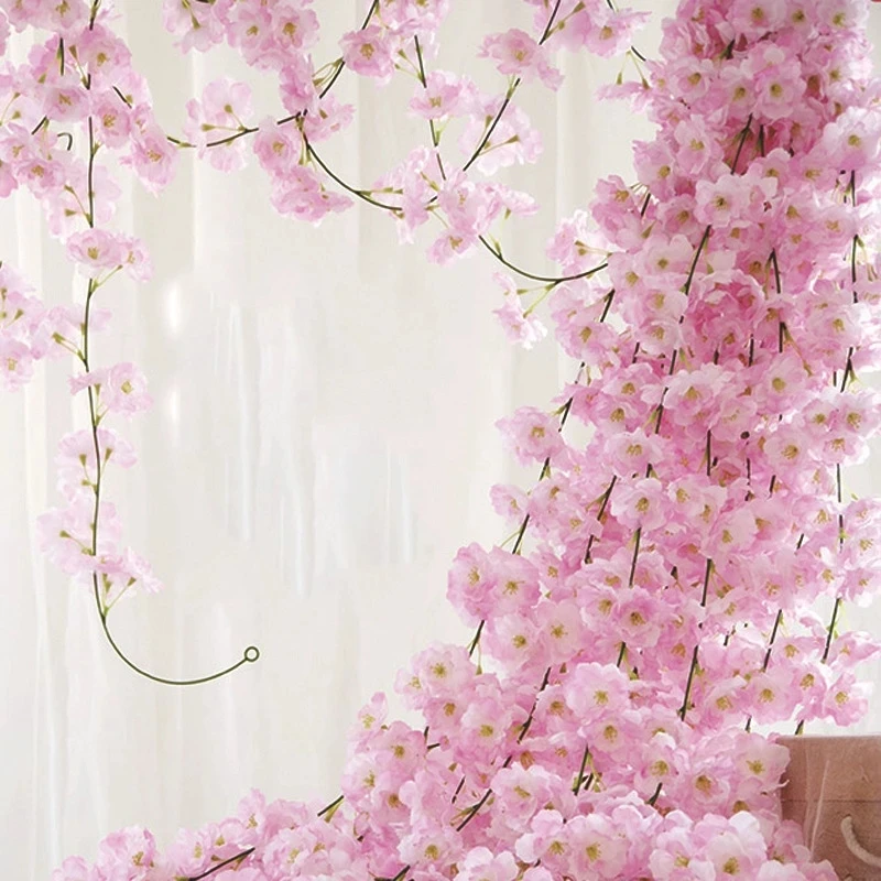

135 Flower Pink Cherry Blossom Silk Artificial Vine Sakura Hanging Flower For Wedding Wall Decoration Fake flower Garland Wreath