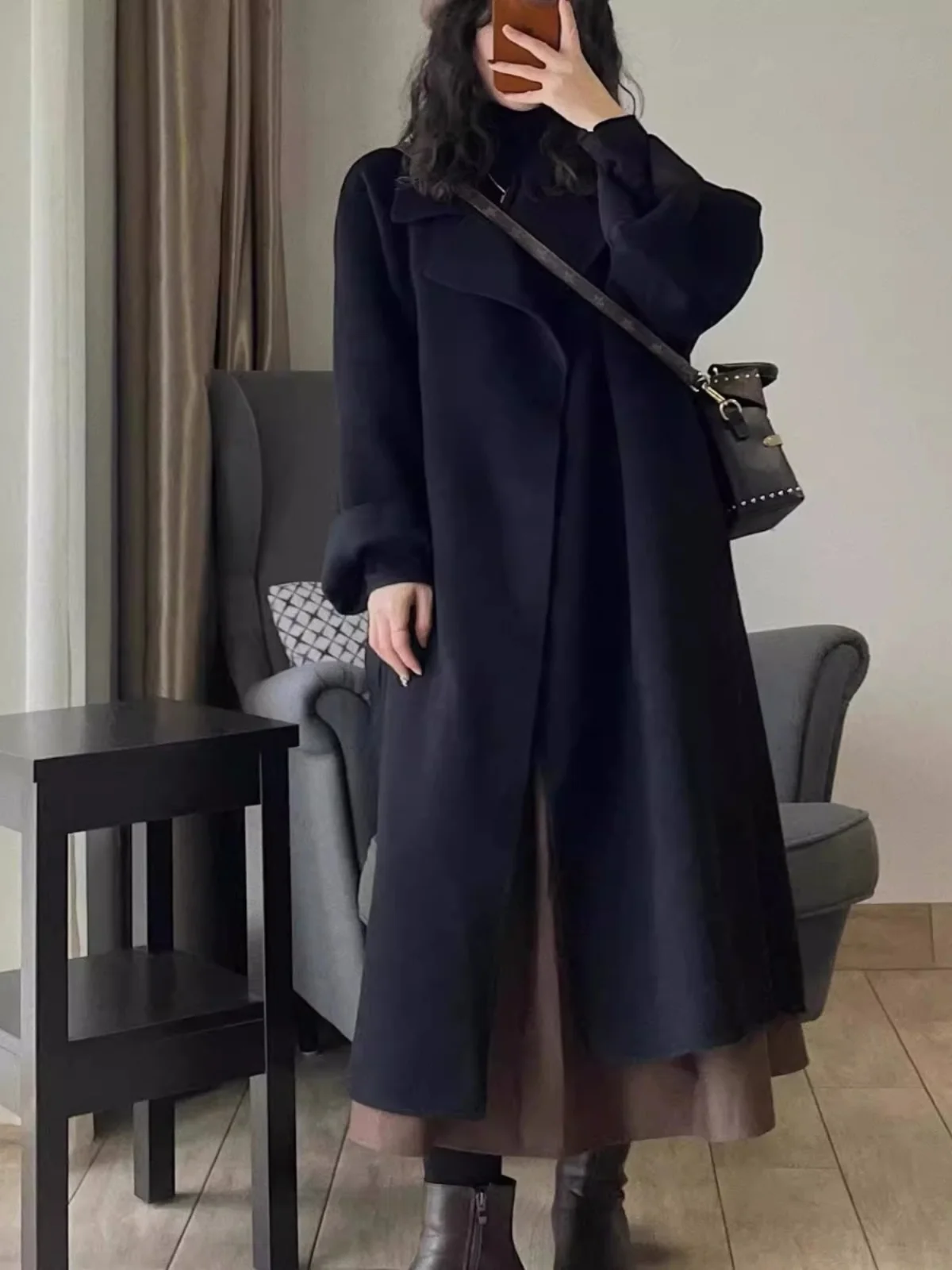 Black High Sense Double-sided Wool coat Women 2024 Winter New Woolen Jacket Small Korean Series Mid-Length |