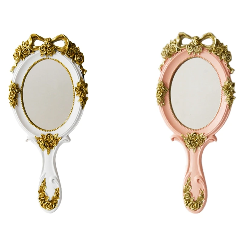 

2Pcs Cute Creative Vintage Hand Mirrors Makeup Vanity Mirror Handheld Cosmetic Mirror With Handle For Gifts White & Pink