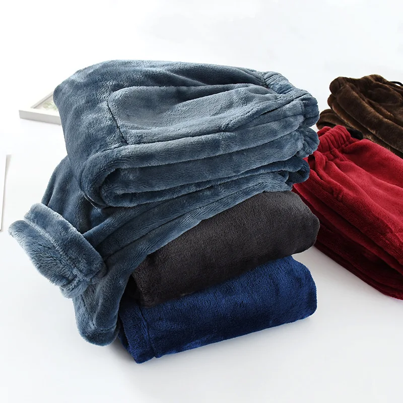 Winter Coral Fleece Sleep Bottoms For Men Thicken Warm Mens Sleepwear Long Pants Comfortable Drawstring Pajama Sleeping Trousers