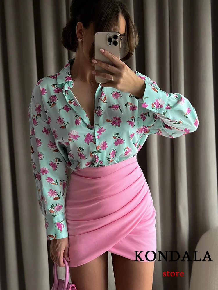 

KONDALA, винтажные атласные свободные рубашки с цветочным принтом, женские модные блузки с длинным рукавом на одной пуговице, лето 2022, женские т...