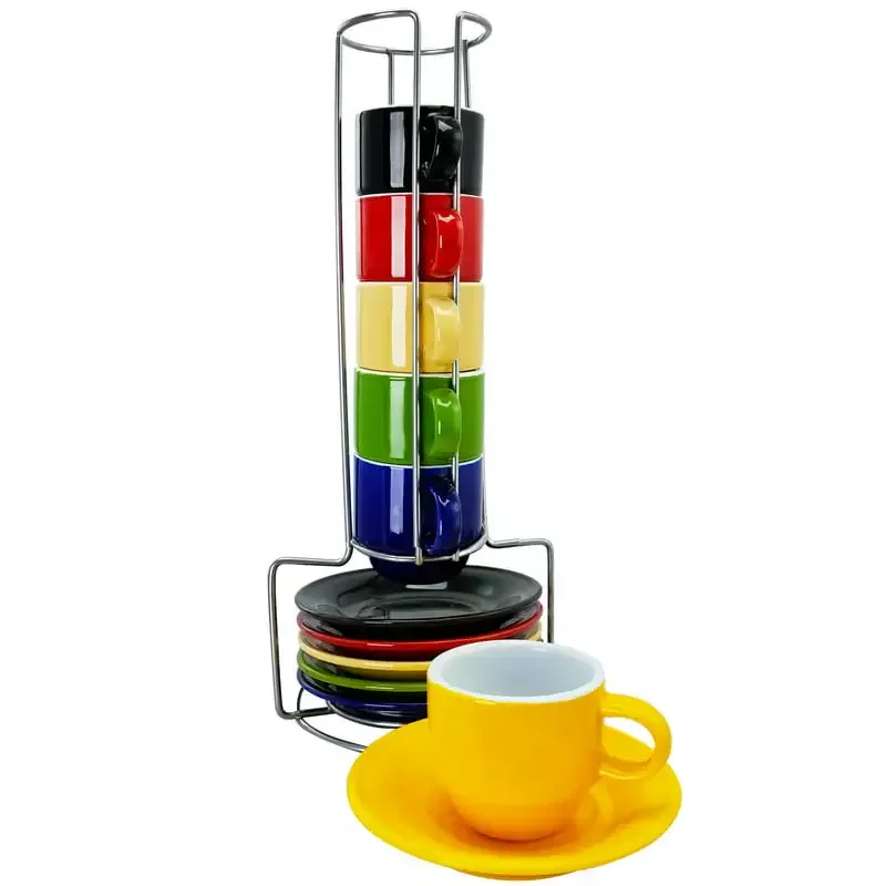 

13 Piece Stoneware Espresso Set with Wire Rack in Assorted Colors