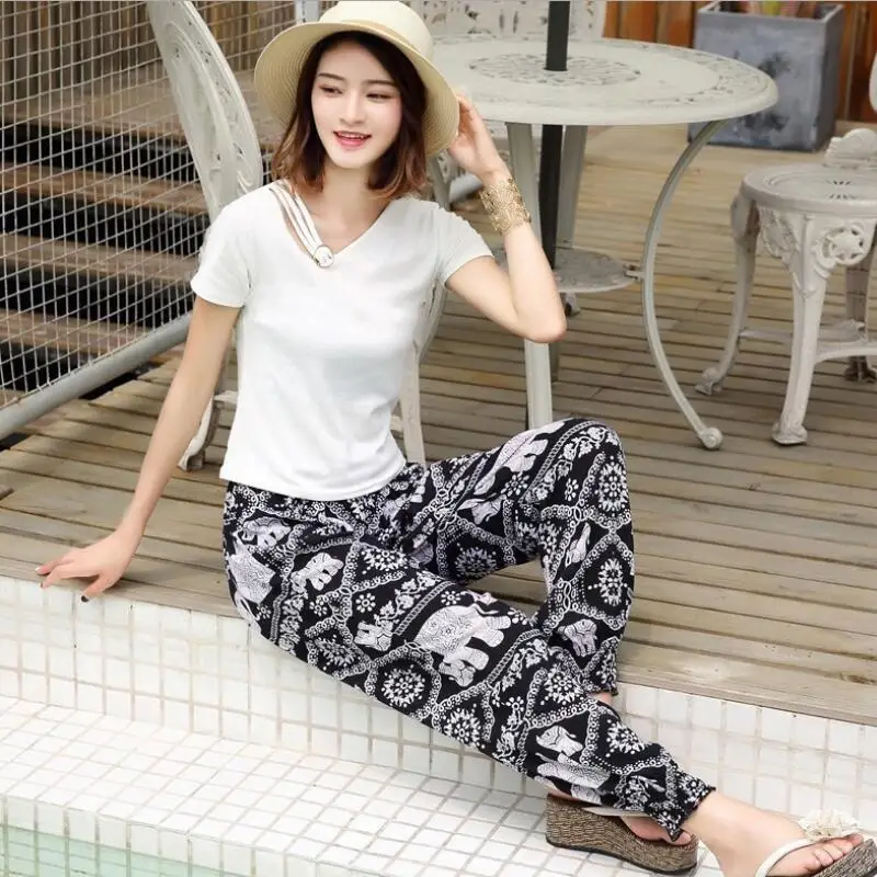 

Beach Pants Women Cotton Silk Thin Thai Yoga Lantern Pants Spring Summer Anti-Mosquito Pants Elephant Print Retro Motion Leisure