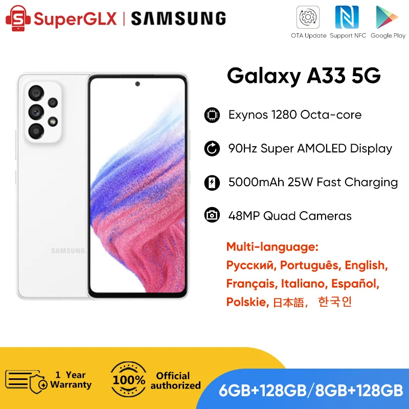 Najtaniej Nowy Oryginalny Samsung Galaxy A33 5G Smartphone Exynos 1280 Octa-core 90Hz Super AMOLED Wyświetlacz 5000mAh 25W Szybkie ładowanie Telefonu