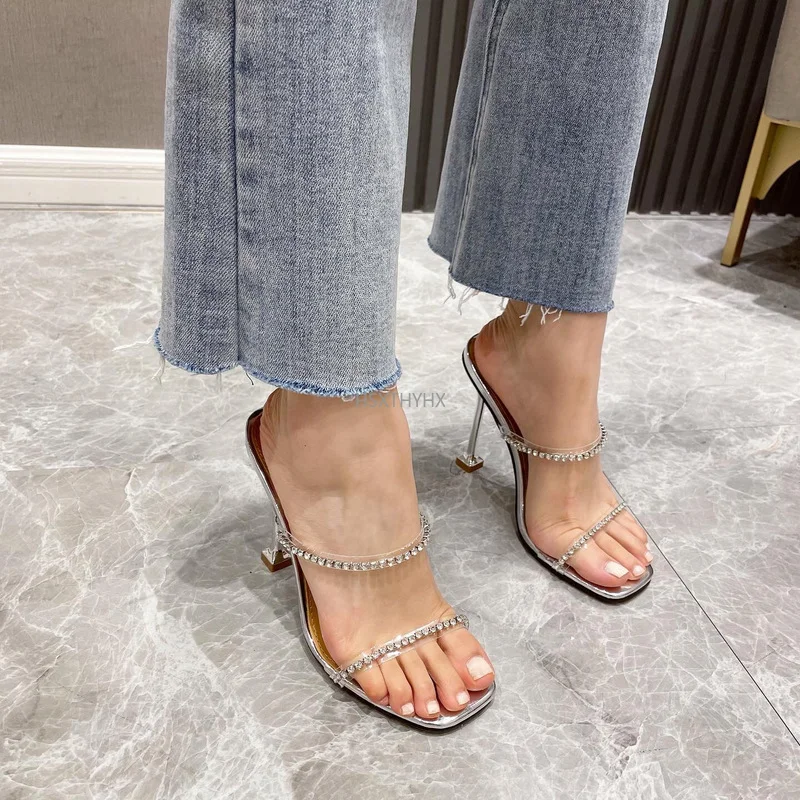 

2022 New fashion PVC crystal gladiator women slippers high heels rhinestone strap women shoes sexy nightclub party shoes