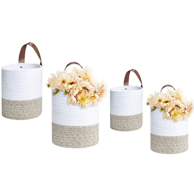 

Хлопковая веревка, подвесные корзины, 2 шт., плетеная настенная корзина для хранения с ручками, декоративные корзины для цветочных растений