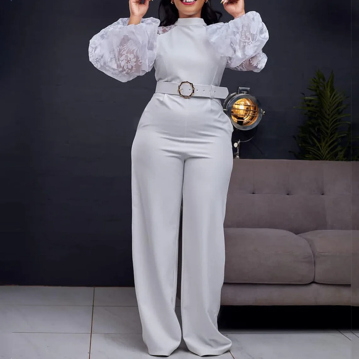 2023 African Jumpsuit Fall Outfits Women Embroidered Mesh Long Sleeve Elegant Ladies with Belt African Clothes for Women