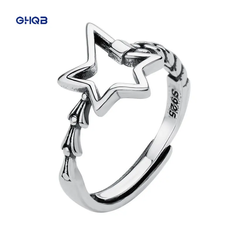 

Korean S925 Sterling Silver Ring Vintage Thai Silver Open Constellation Ring Ring Star Pentagram Couple Ring Woman