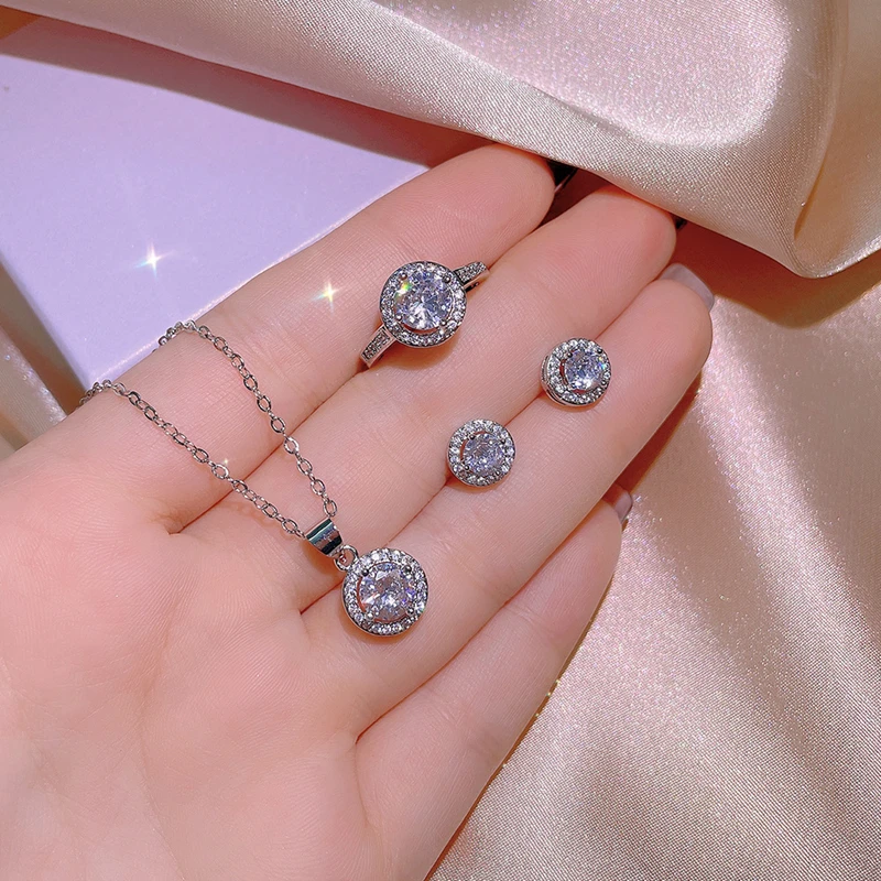 

Luxury Silver Color Jewelry Set Shine Round Zircon Ring Necklace Earring Set For Women Engagement Wedding Jewelry Wholesale Gift