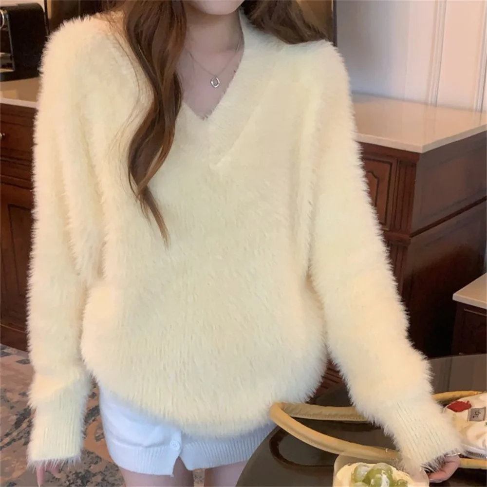 

Нежные женские свитера HziriP, однотонная Мягкая трикотажная одежда в офисном стиле, облегающие свободные офисные женские пуловеры с V-образны...