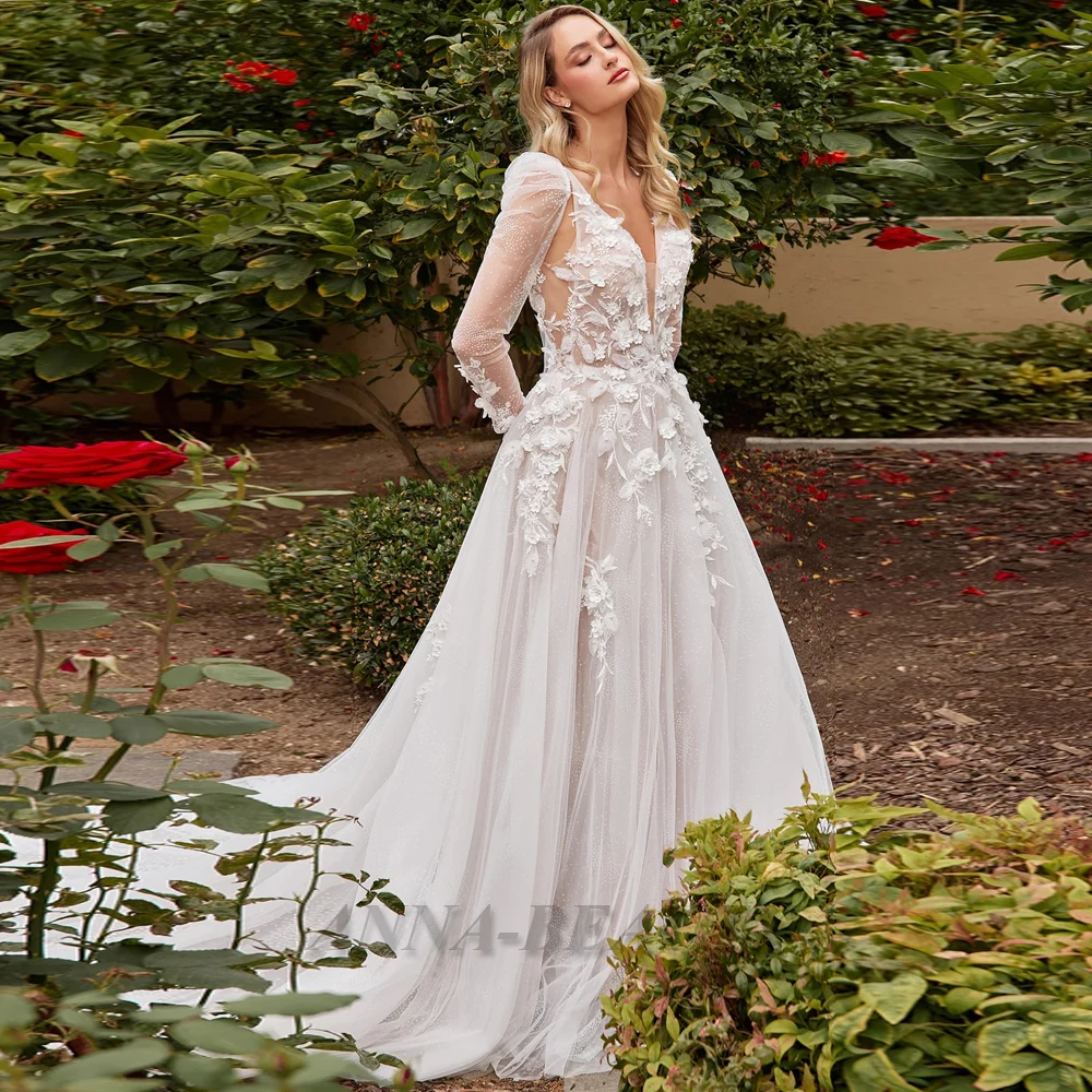 

Очаровательное свадебное платье Анны с 3D аппликацией для женщин 2023 блестящее платье невесты с глубоким V-образным вырезом и складками трапециевидной формы на заказ