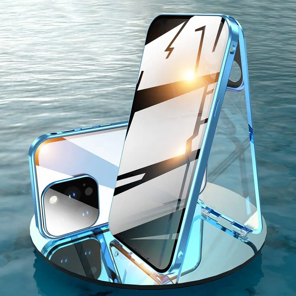 For IPhone 14 13 12 11 Pro Max Camera Lens Protection Luxury Metal Frame Privacy Double Sided Glass Double Snap Mount Phone Case