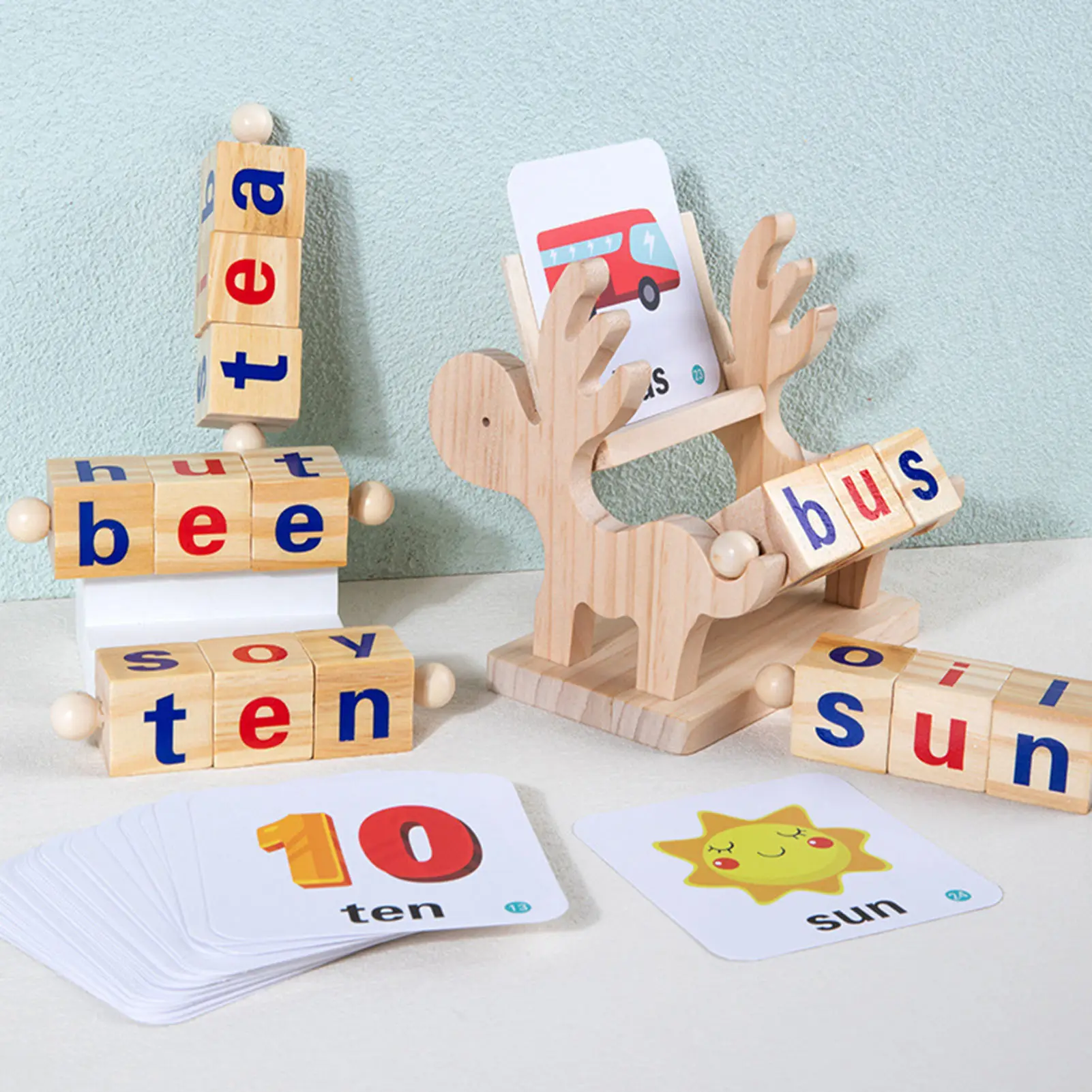 Bloques de lectura de madera para niños, rompecabezas de letras giratorias, varillas cortas de vocal, juegos de ortografía, juguete de ortografía de alfabeto giratorio Montessori