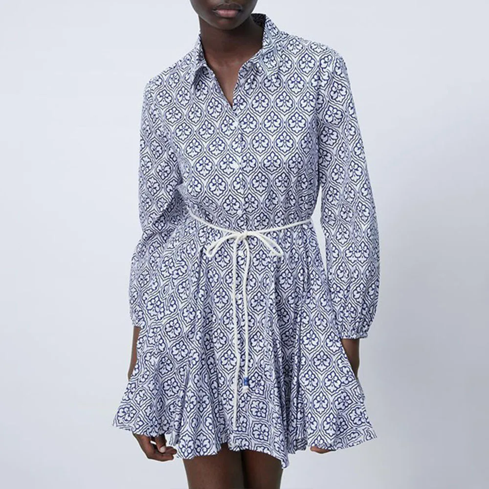 

Summer and Spring New Fashion Women's Belt Printed Long Sleeve Casual Loose Dress