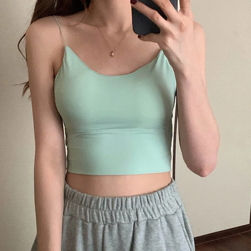 Сексуальный однотонный укороченный топ спортивный на бретелях-спагетти женский