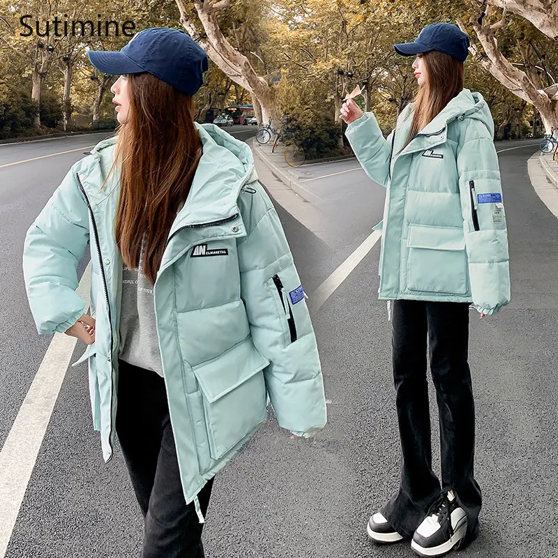 College Style Short Hooded Korean Version Loose Thickened Cotton Padded Jacket Office Lady Black Winter Coat for Women