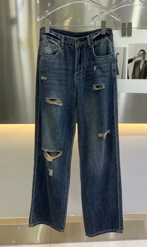 

140003 модные классические модные роскошные дизайнерские винтажные потертые перфорированные широкие брюки из ткани женские джинсы