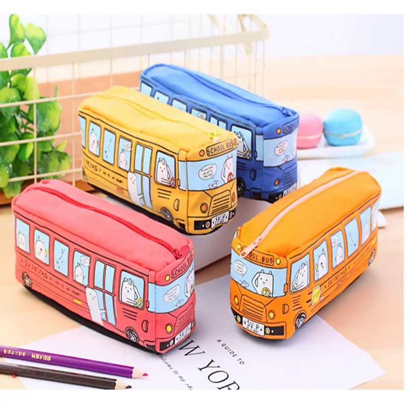 

Cartoon Bus Pencil Bag Canvas Large Capacity Car Zipper Pen Pencilcase for Student Stationery School Supplies