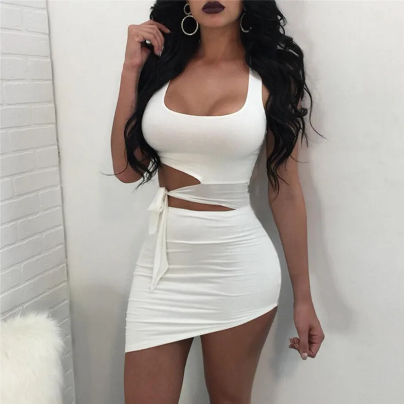 

Women Sets Sexy Side Hollow Out 2PCs Sets Lace Up Bandage Asymmetrical Sheath Tank Dresses High Waist Clubwear Party Mini Dress