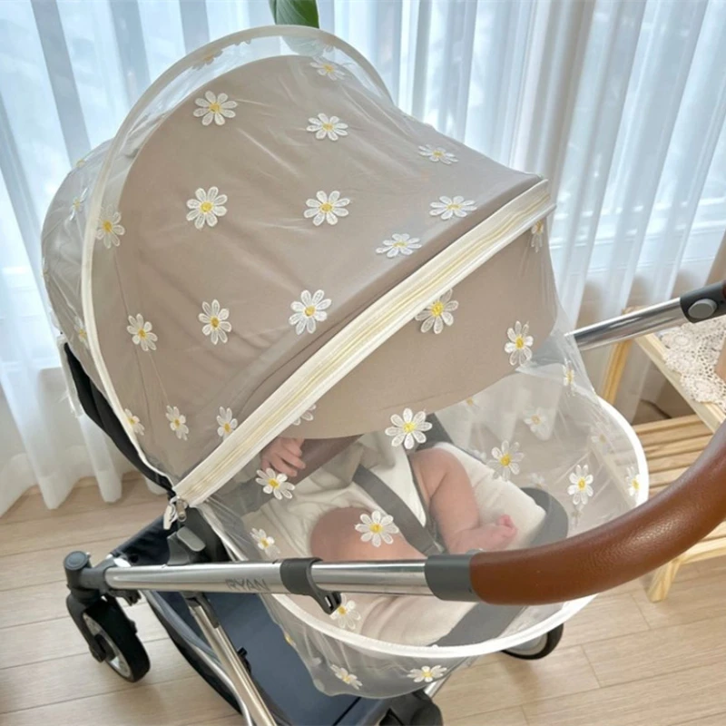 Korea Style Stroller Mosquito Net Full Cover Baby Mosquito Cover Daisy Embroidery Summer Breathable Gauze Folding Netting
