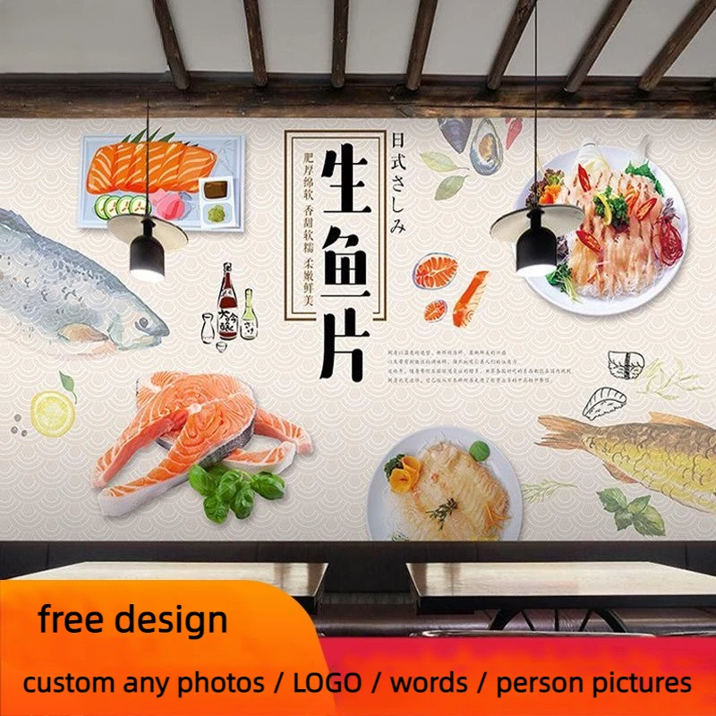 Hand painted Japanese salmon sashimi Yusheng wallpaper Ju Tavern Restaurant mural sushi shop Japanese restaurant wallpaper