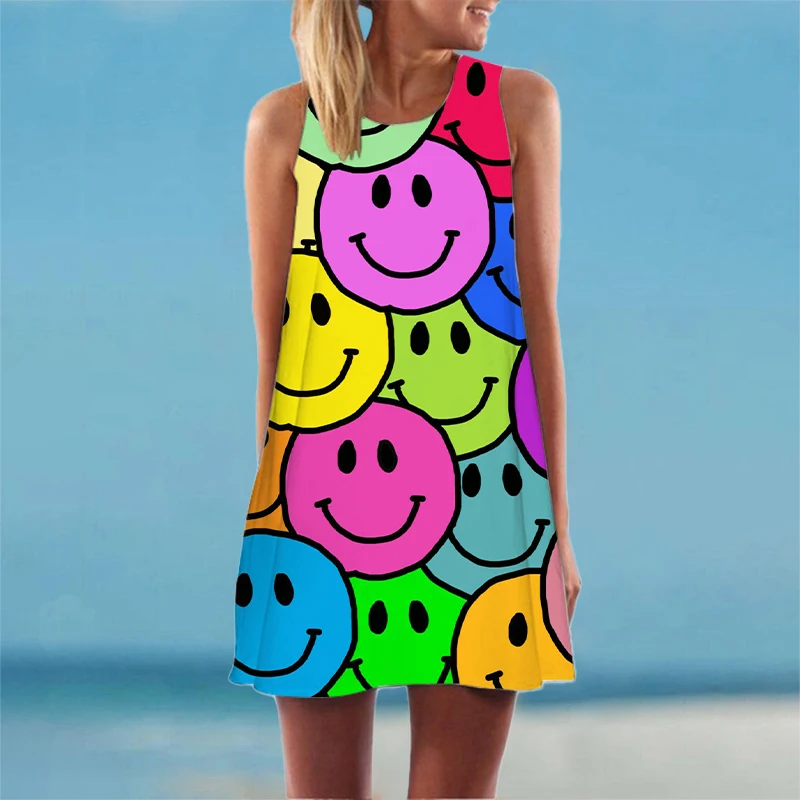 

Милая юбка в стиле Харадзюку с улыбающимся лицом, женское летнее платье без рукавов, Юбка До Колена, ночнушка, Солнцезащитная юбка, пляжная юбка с вырезами, жилет