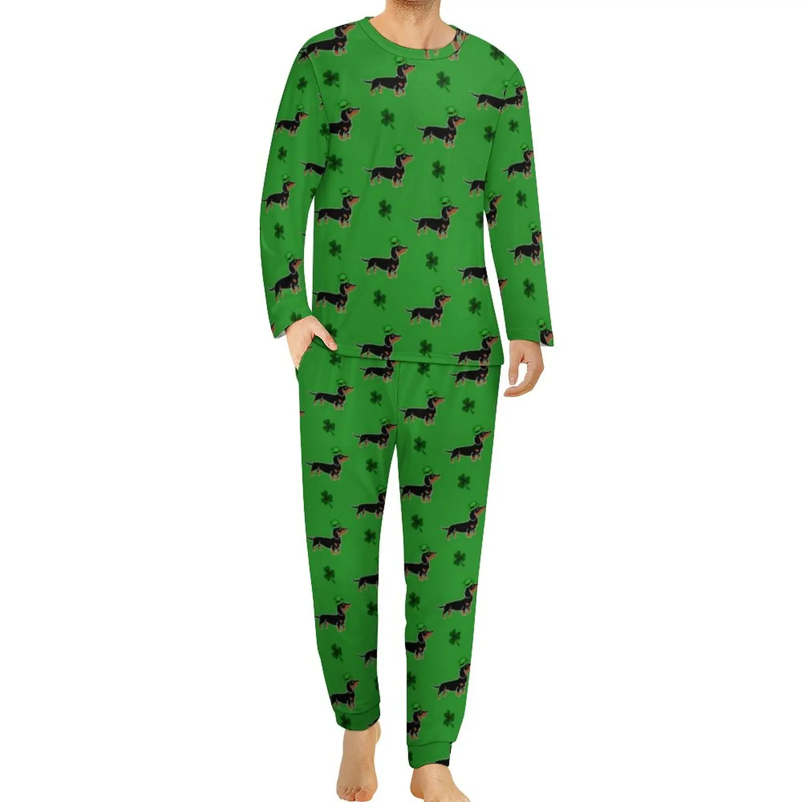

Black Dachshund Pajamas Men St Patricks Day Soft Sleepwear Autumn Long-Sleeve Two Piece Casual Print Pajama Sets Large Size 6XL