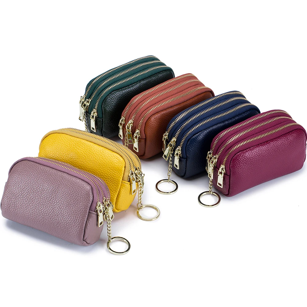 Genuine Leather Coin Purses Three Zipper Women Short Clutch Wallets Card Holder Change Pouch Wallet Keychain Mini Money Purse