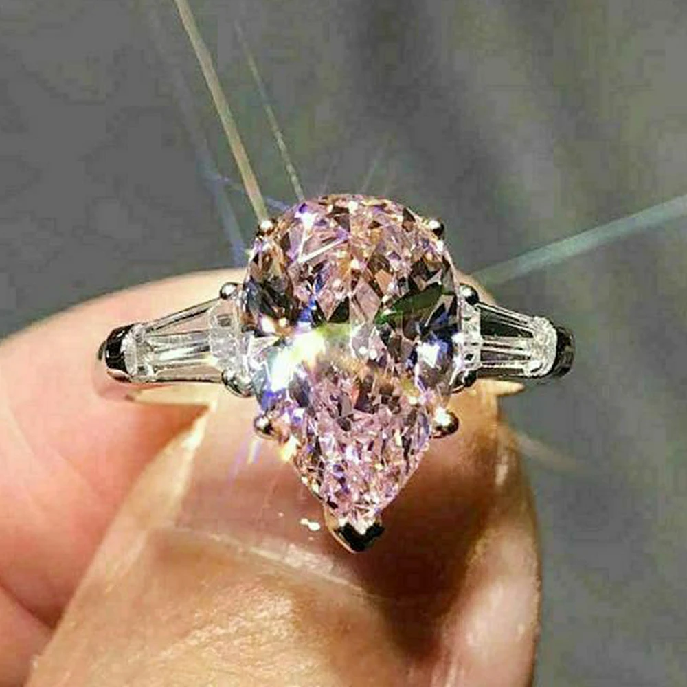 

Huitan Pear Pink Cubic Zircon Ring Fashion Luxury Engagement Bands Proposal Rings for Women Aesthetic Wedding Trend Love Jewelry