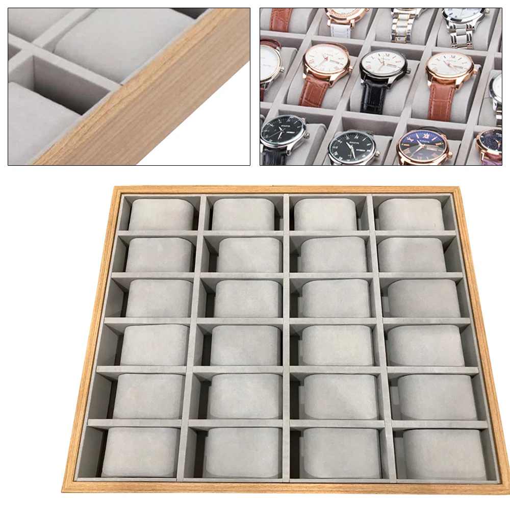 

24 Slots Wooden Watch Display Tray Jewelry Box Organizer Storage