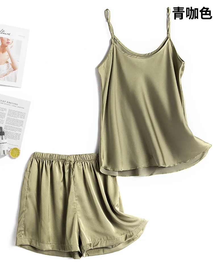 2 Pcs Summer Pajamas Women Silk Slip and Pants Ladies Satin Sleepwear Solid Comfortable Pijama Suit Home Cloth for Female 2022