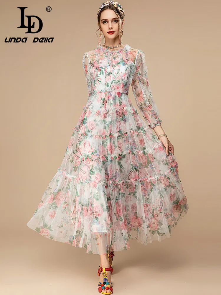 LD LINDA DELLA 2023 Designer New Summer Dress Women's Long sleeve Floral print Mesh Holiday Party Elegant Long Dresses