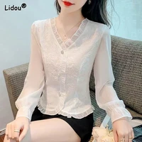 solid blended elegant fashion ruffled thin shirts slim lightly cooked spring autumn lace pullovers korean womens clothing trend