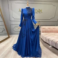 caroline royal blue elegant evening dress high neck long sleeves a line beads floor length women prom gowns party custom made