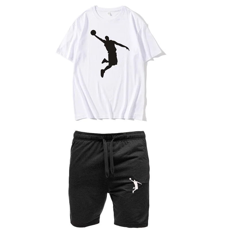 

Summer Cotton White Black T Shirt + Shorts Sports 2 Piece Set Sportswear Short Sleeve Tops Jogger 5 Points Pants Tracksuit Men