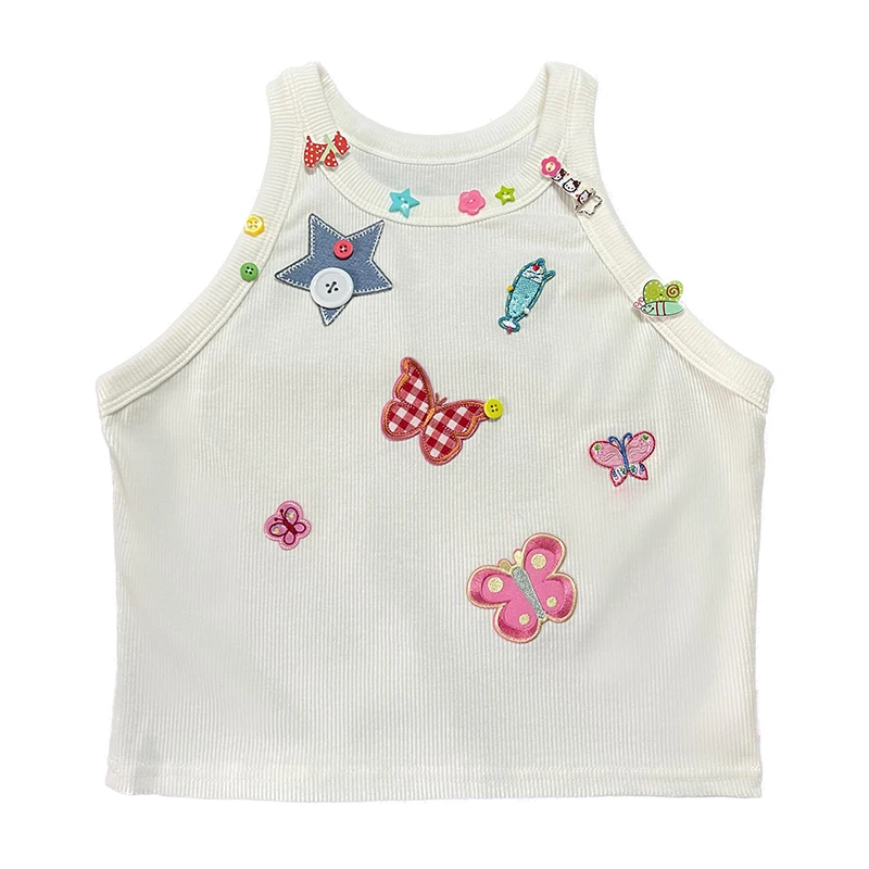 

Japn Style Colorful Button Butterfly Embroidery Spliced Tanks Y2k White Short Crop Tops Camis Cute Sweet Slim Women