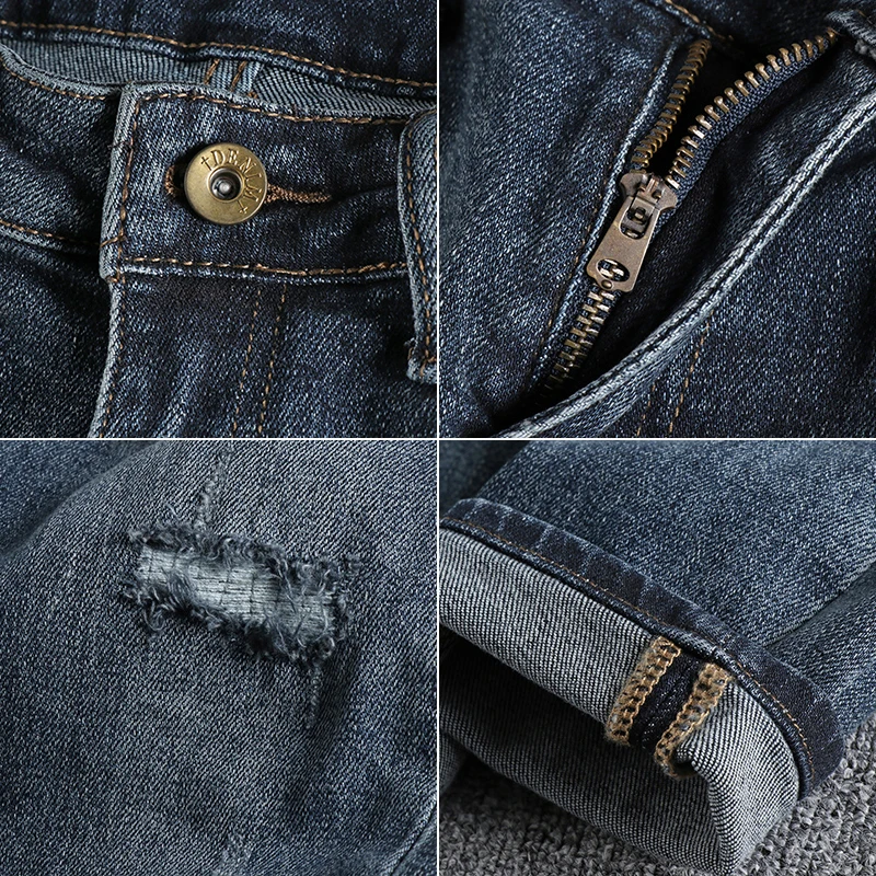 Retro washing blue hole patch jeans men's slim little straight feet trend Europe and America Joker youth long pants