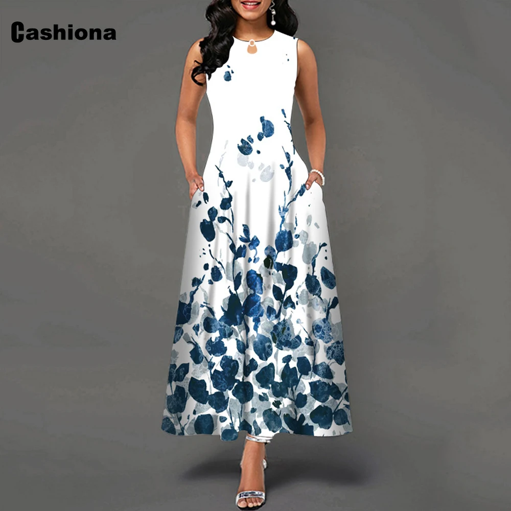 

Cashiona Women Sleeveless Maxi Dress Bohemian Flower Print Dresses 2022 Summer Vintage Long A line Dress Oversize Robe Clothing