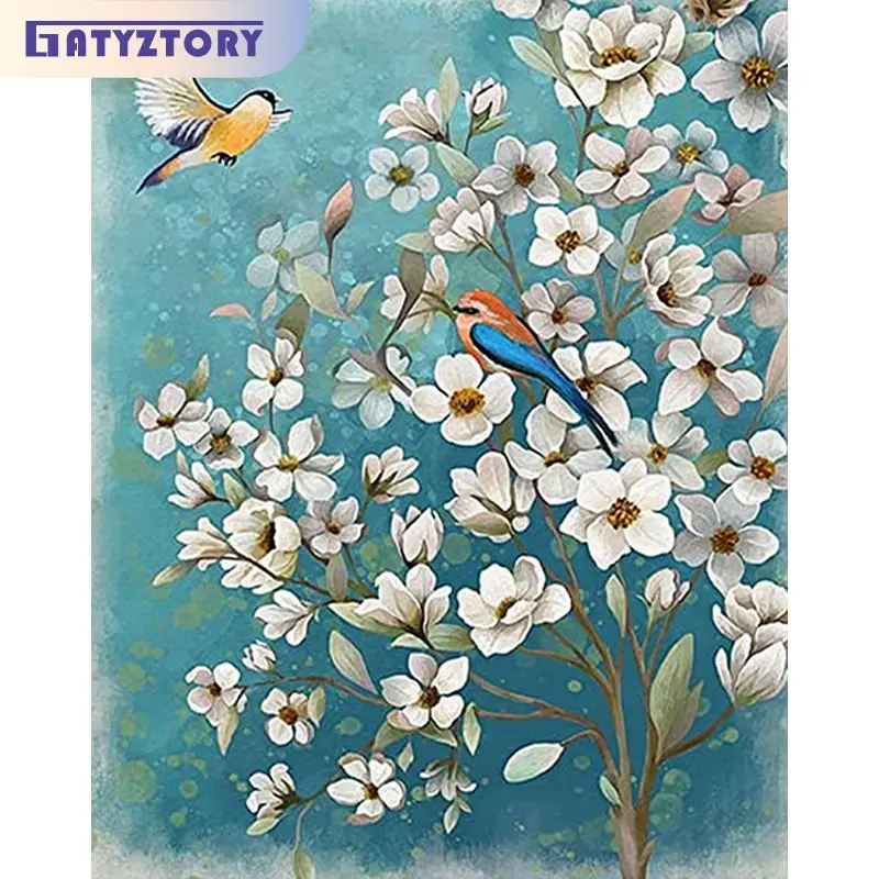 

GATYZTORY Acrylic Painting By Numbers White Flowers And Birds Handpainted Pictures On Numbers For Adults Artwork Gift Diy Gift