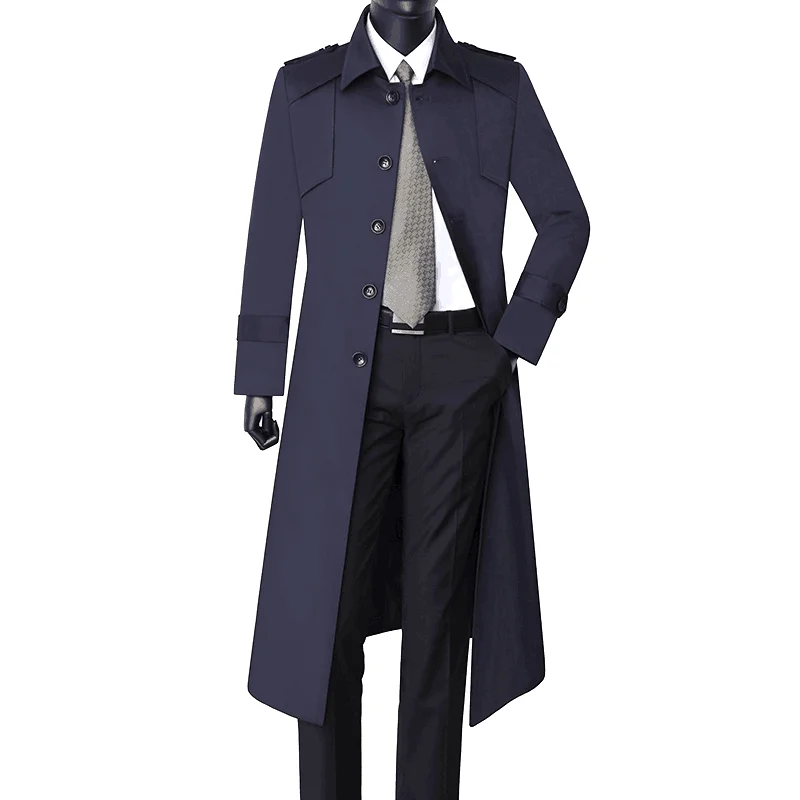 

Men'S Trench Coat Autumn Single-Breasted Extra-Length Knee-Length Business Casual British Black Mont Erkek Chaquetas Hombre Blue