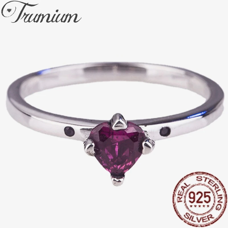 

Trumium Authentic 925 Sterling Silver CZ Women Rings Romantic Heart Red Stone Engagement Wedding Ring Gift for Lover Jewelry
