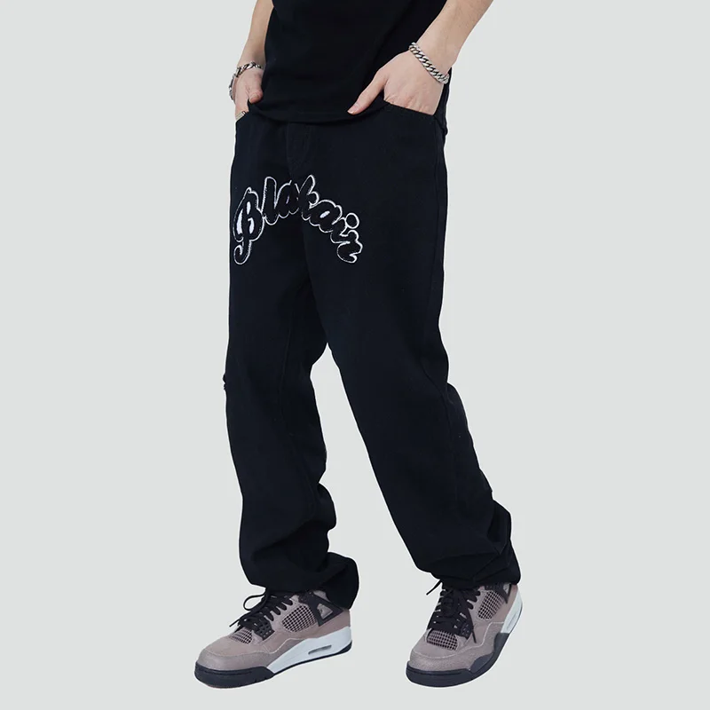 

Hip Hop Baggy Letter Embroidery Casual Jeans Pants Oversized Harakuju Straight Denim Trousers For Male Blue Black
