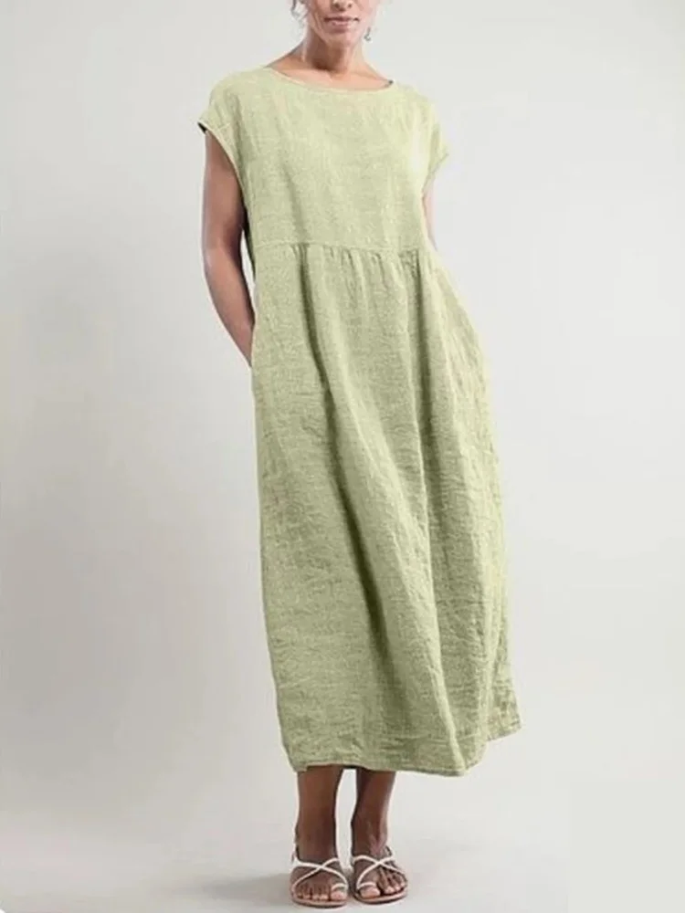 

Women Summer O Neck Short Sleeve Solid Color Long Dress Casual Clothing Green Grey Black Vestidos