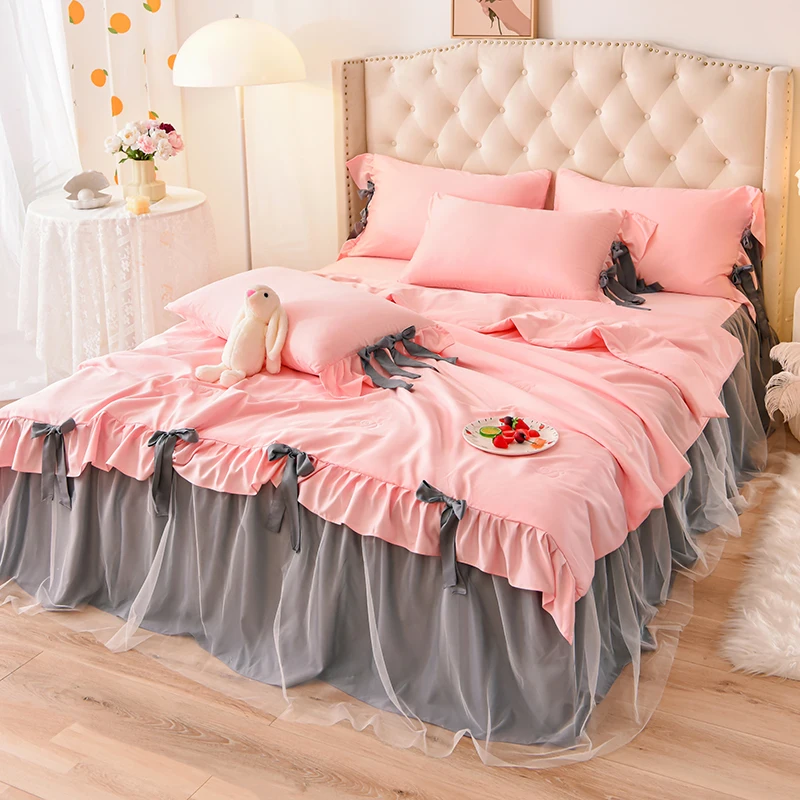 

Однотонные кружевные летние постельные покрывала из промытого полиэстера с вышивкой для принцесс одеяло пододеяльник для кровати наволочка 4 шт. #/