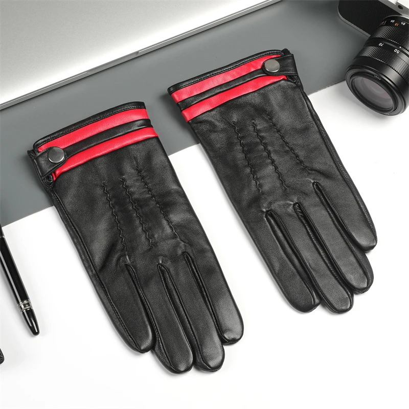 New Men's Sheepskin Gloves Fashion Red Pattern Design Warm Soft Men's Leather Gloves Men's Mittens with Plush Lining