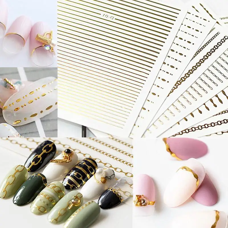 

Silver Gold Lines Stripe 3D Nail Sticker Straight Curved Liners Stripe Nail Art Stickers Decals Self Adhesive Sliders For Nails