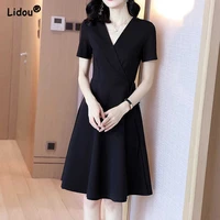 office lady elegant v neck black short sleeve dress summer solid color simple a line skirt empire retro womens clothing 2022