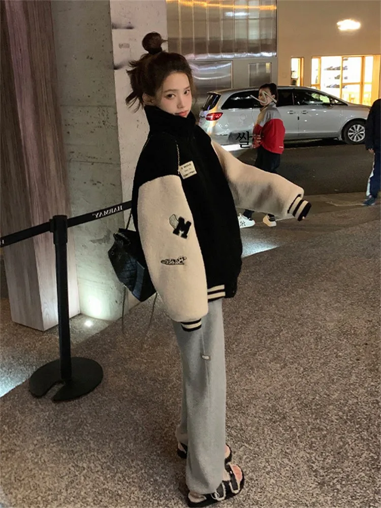 Autumn and Winter Small Casual Baseball Uniform Outerwear Women Lamb Wool Fleece-lined Thickened Idle Sle Loose All-Match C...