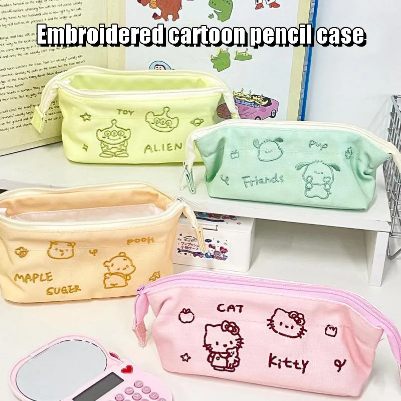 

Sanrio Embroidered Canvas Pencil Case Original Cartoon Kitty Cat Pochacco Large Capacity Storage Bag Minimalist Stationery Box